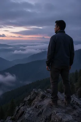Man Overlooking Misty Mountain Valleys at Dawn