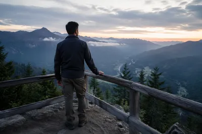 Solitary Man at Mountain Overlook Dawn
