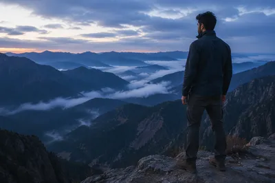 Man Overlooking Misty Mountain Valleys at Dawn