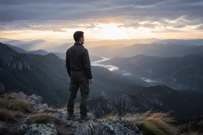 Man at Mountain Overlook at Dawn