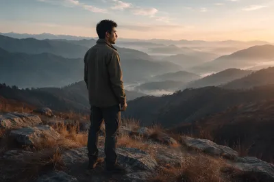 Man at Mountain Overlook After Sunrise