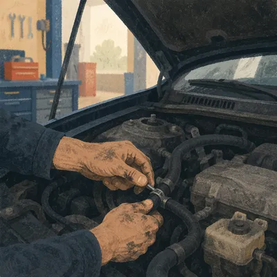 Mechanic Hands Repairing Car Engine Close-Up