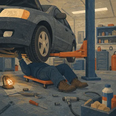 Mechanic Under Raised Car in Garage