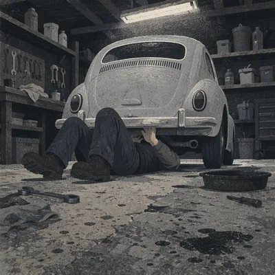 Late Night Mechanic Repair in Garage