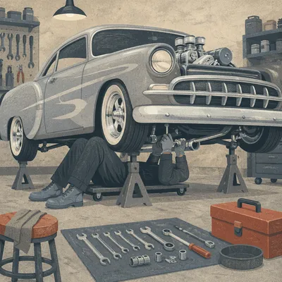 Mechanic Under Vintage Car in Garage
