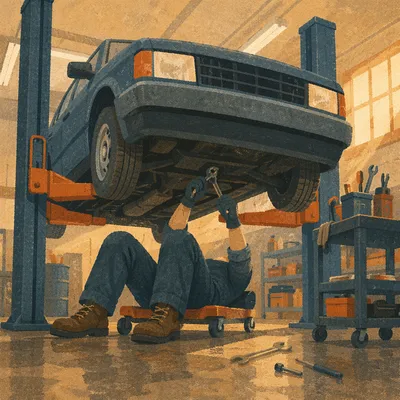 Mechanic Repairing Car Under Garage Lift