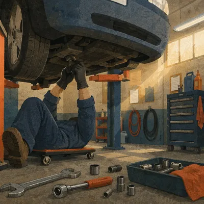 Mechanic Under Car in Garage Light