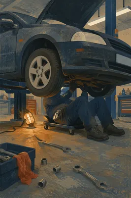 Mechanic Working Under Lifted Car
