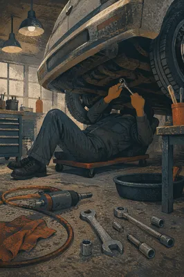 Mechanic Repairing Car in Vintage Garage
