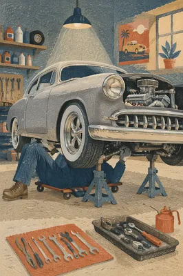 Mechanic Repairing Vintage Car in Garage