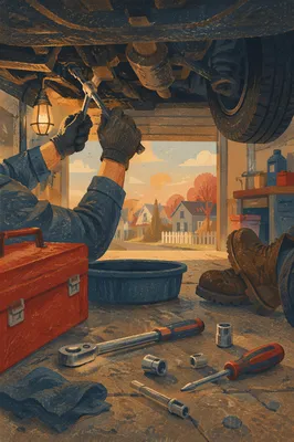 Mechanic Working Under Car in Garage