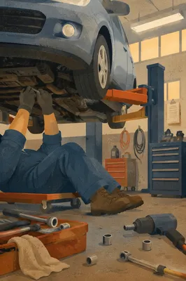 Mechanic Under Lifted Car in Garage
