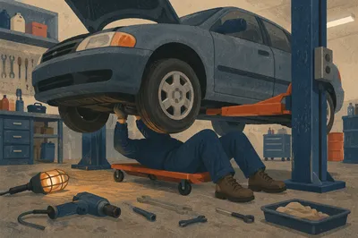 Mechanic Repairing Car in Garage Bay