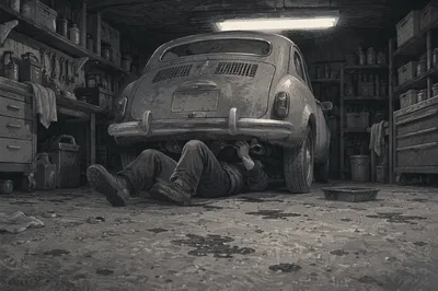 Late Night Mechanic Repair in Garage