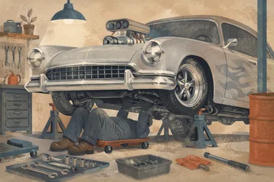 Mechanic Under Vintage Car in Garage