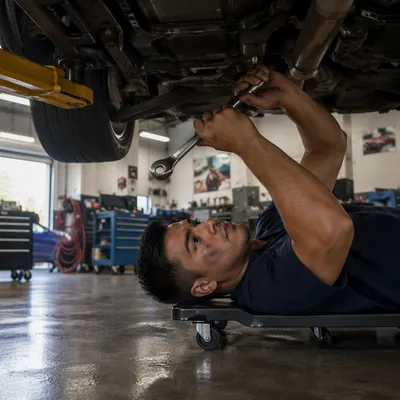 Mechanic Repairing Car Under Hydraulic Lift