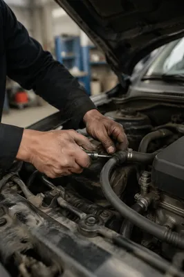 Mechanic Hands Repairing Car Engine Close-Up