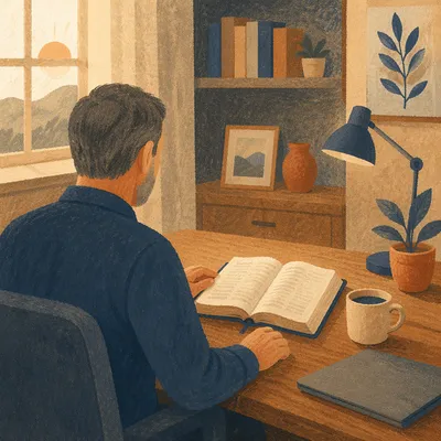 Middle Aged Man Praying at Office Desk