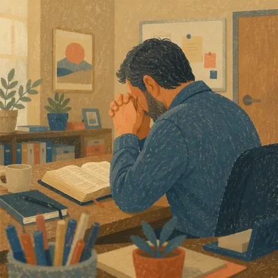 Middle Aged Man Praying at Office Desk