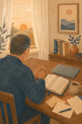 Quiet Dawn Prayer at Office Desk