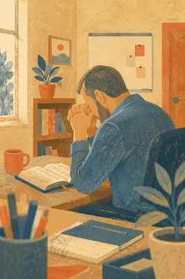Middle-Aged Man Praying at Office Desk