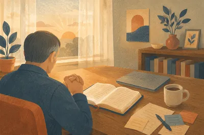 Middle-Aged Man Praying at Office Desk