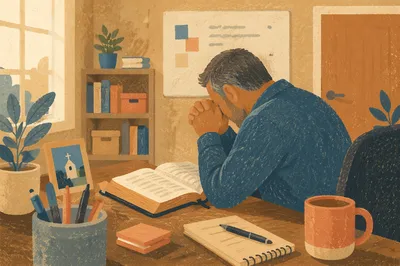 Middle Aged Man Praying at Office Desk