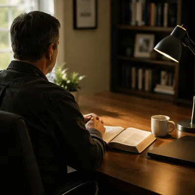 Middle Aged Man Praying at Office Desk