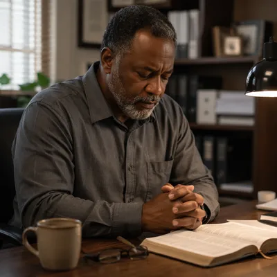 Middle Aged Man Praying at Office Desk