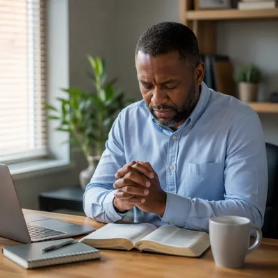 Man Praying at Office Desk