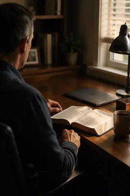 Middle Aged Man Praying at Office Desk