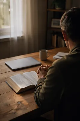 Middle-Aged Man Praying at Office Desk