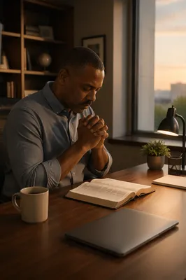 Middle Aged Man Praying at Office Desk