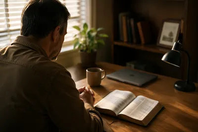 Middle Aged Man Praying at Office Desk