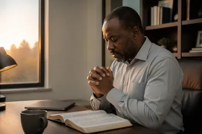 Man Praying at Office Desk