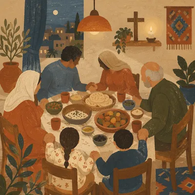 Middle Eastern Christian Family Prayer Before Dinner