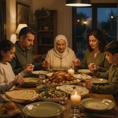 Middle Eastern Christian Family Praying at Dinner