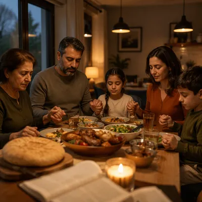 Middle Eastern Christian Family Praying at Dinner