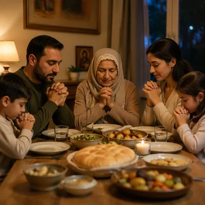 Middle Eastern Family Praying Before Dinner