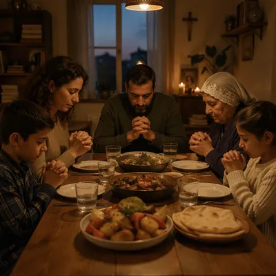 Middle Eastern Family Praying Before Dinner