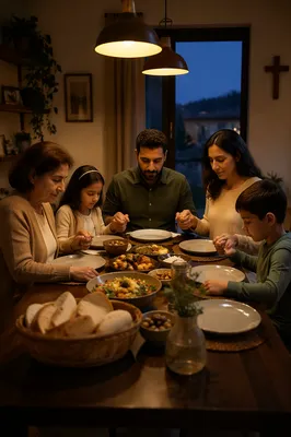 Middle Eastern Christian Family Praying at Dinner