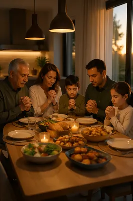 Middle Eastern Christian Family Praying at Dinner