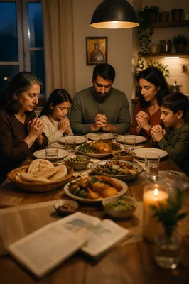 Middle Eastern Christian Family Praying at Dinner