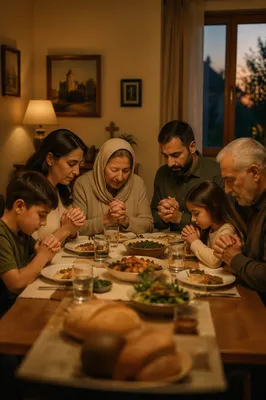 Middle Eastern Family Praying Before Dinner