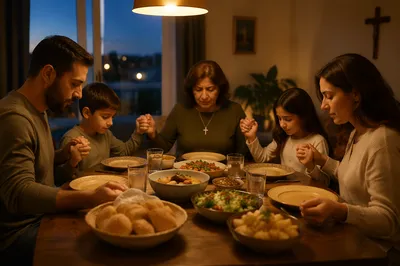 Middle Eastern Family Praying Before Dinner