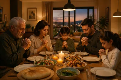Middle Eastern Family Praying Before Dinner