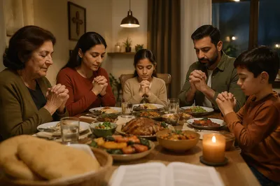 Middle Eastern Family Praying Before Dinner