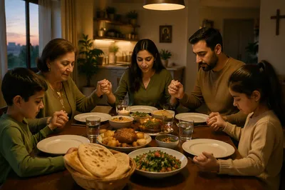Middle Eastern Family Praying Before Dinner