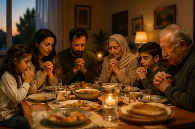 Middle Eastern Family Praying Before Dinner