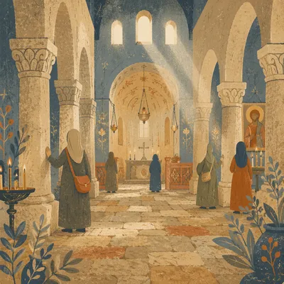 Ancient Middle Eastern Church Interior With Visitors